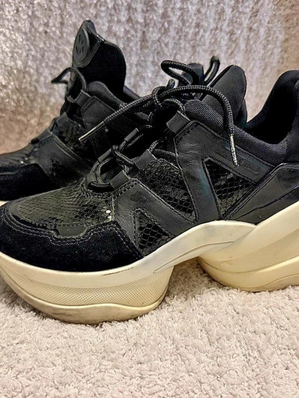 Michael Kors Olympia Extreme Leather and Mesh Trainer Sneakers Black & Cream US